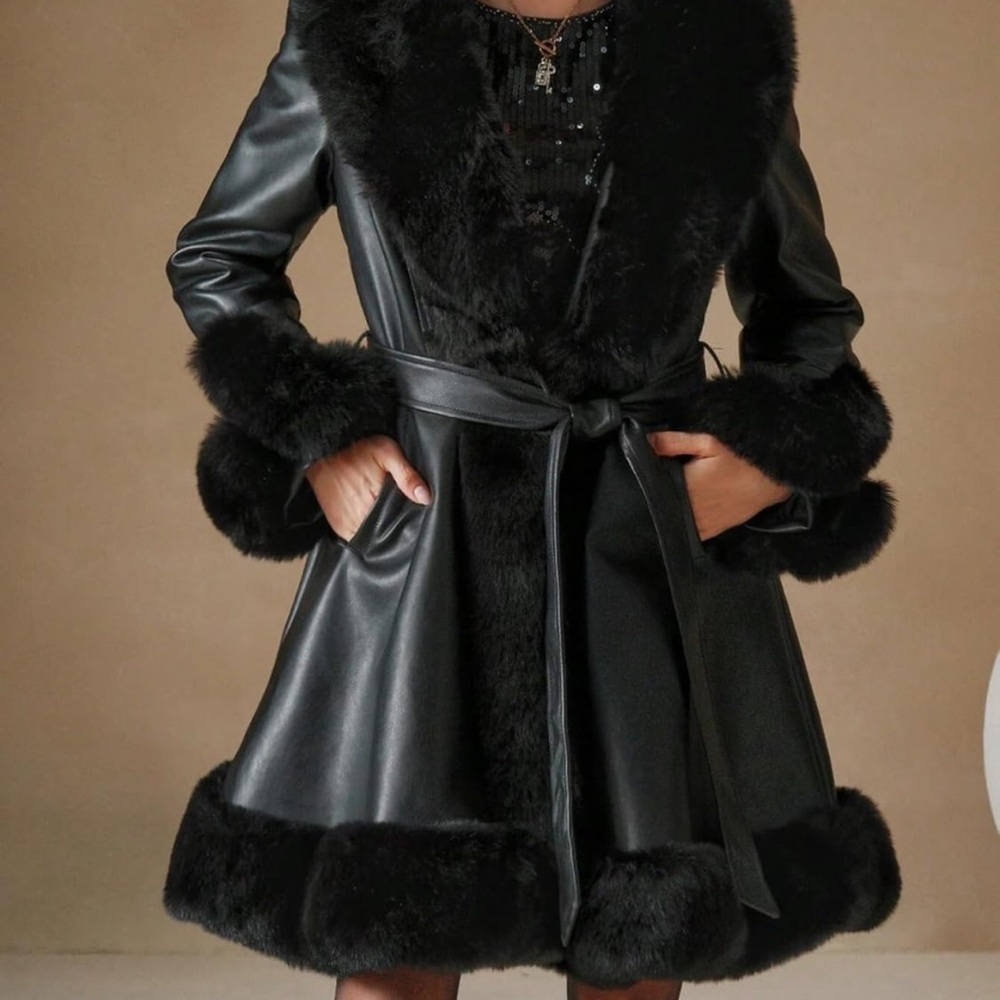 Elegant Black Faux Fur Trimmed Coat